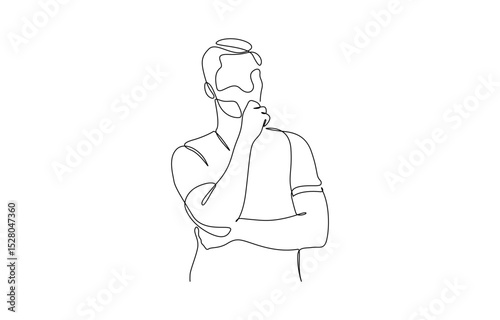 Continuous one line drawing of businessman thinking with his hand on his chin, Crossing left arm,right hand touching at chin. Man pose thinking in single line draw illustration. Editable stroke.