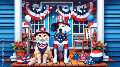 Patriotic Pets, A dog and a cat both wearing American flag-themed accessories, in low poly style