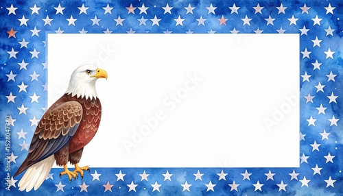 Watercolor Eagle with Stars Concept. Eagle illustration surrounded by a starry border ready for text.