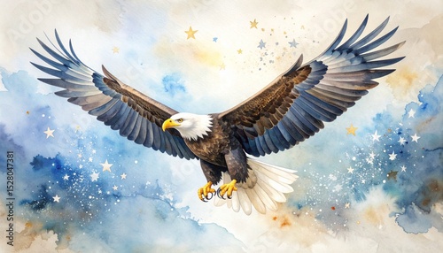 Watercolor Eagle with Stars Concept. Majestic eagle soaring through a starry sky in watercolor style.
