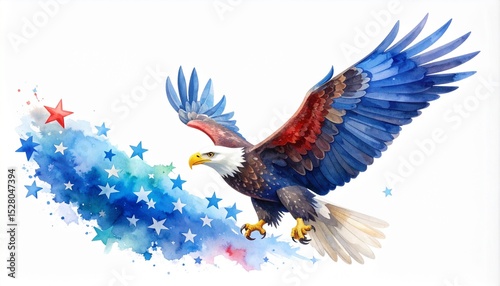 Watercolor Eagle with Stars Concept. A colorful eagle soaring with stars in a dynamic watercolor style.