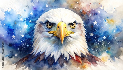 Watercolor Eagle with Stars Concept. Majestic eagle illustration with a cosmic background.