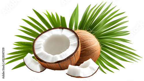 A close up of a coconut with a leaf on top. The coconut is cut in half and the inside is visible