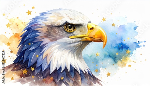 Watercolor Eagle with Stars Concept. Majestic eagle portrait with watercolor and starry background.