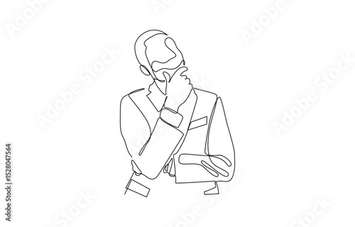 Continuous one line drawing of businessman thinking with his hand on his chin, Crossing left arm,right hand touching at chin. Man pose thinking in single line draw illustration. Editable stroke.