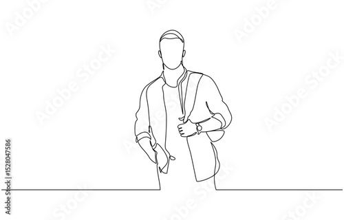 Continuous single one line drawing art of college campus student man with bag backpack, College campus student man with bag backpack and stack books. Editable stroke vector illustration.