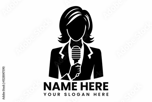 Professional black silhouette vector logo of a female reporter holding a microphone ready for an interview. Journalism concept