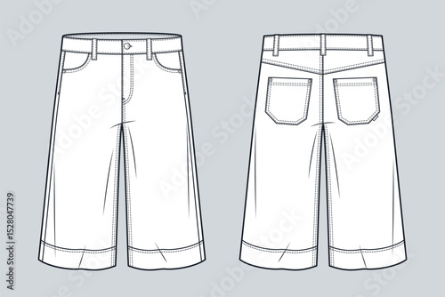 Bermuda Denim Shorts Technical Flat Sketch. Knee Length Short Pants fashion flat technical drawing template, pockets, front and back view, white, women, men, unisex CAD mockup.