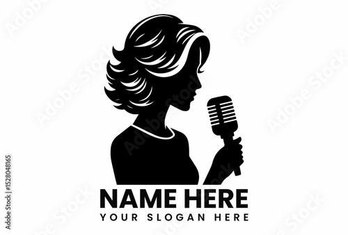 Professional black silhouette vector logo of female reporter holding microphone for journalism and media branding  