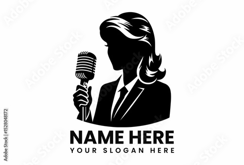 Professional black silhouette vector logo of female reporter holding microphone for journalism and media branding  