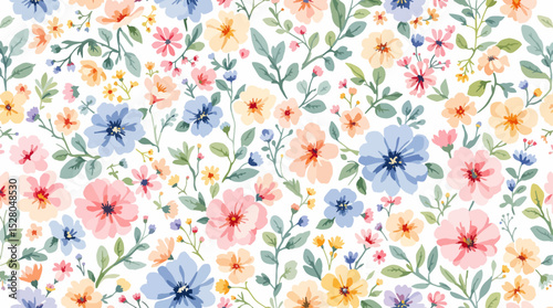 Beautiful vector seamless floral pattern with watercolor hand drawn gentle summer flowers