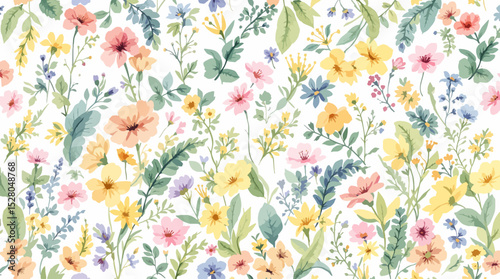 Beautiful vector seamless floral pattern with watercolor hand drawn gentle summer flowers