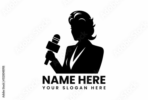 Minimalist black vector logo design featuring female journalist holding microphone ready for news interview  
