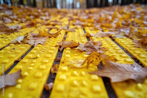 Yellow Tactile Paving for Blind People or Visually Impaired with Dry Leaves