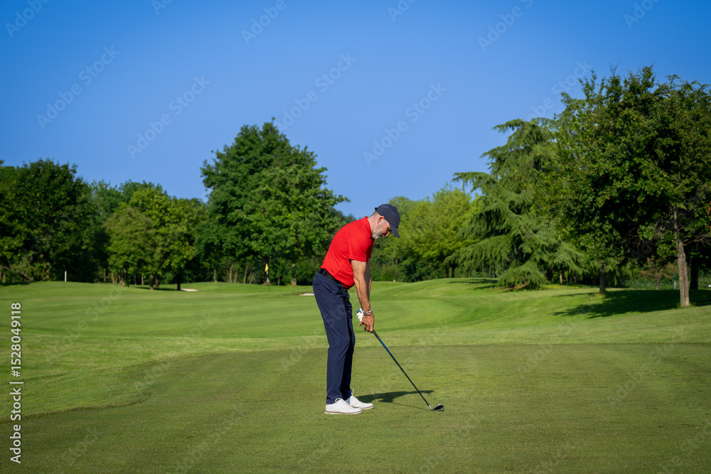 Fototapeta premium Golfer preparing to swing on a sunny day at the golf course
