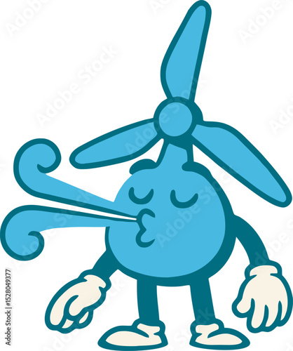 Wind turbine mascot character blowing  air. World wind day, Green energy, Sustainability concept.