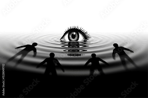 A large eye with intricate eyelashes reflected in rippling dark water, human silhouettes surrounding seemingly drawn towards eye. 