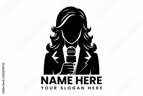 Stylized black silhouette vector logo of professional reporter with microphone for media and journalism industry  