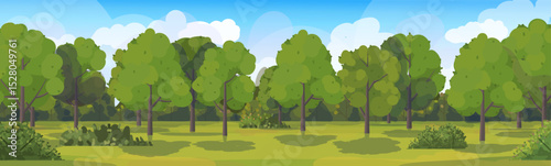  Panorama of the summer landscape. A large green meadow with green grass and forest. Scene of f garden, forest or natural park in daylight with trees, shrubs, sky and clouds. Vector Not AI generated