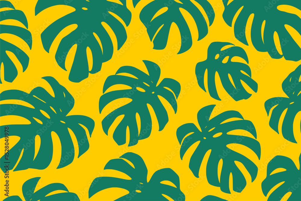 Fototapeta premium Vector illustration of multiple green monstera leaves on a bright yellow background. Perfect for tropical patterns, summer graphics, botanical prints, and decorative design projects.