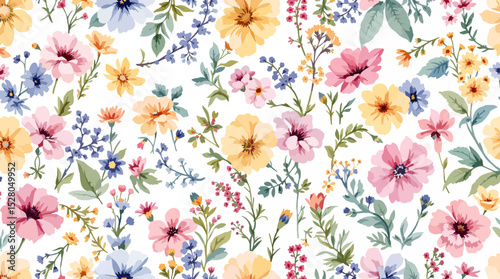 Pastel Floral Seamless Pattern Watercolor Flowers Isolated on Transparent Background, Floral Design, Botanical Illustration, Flowers