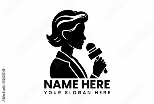 Modern black vector logo of female news reporter holding microphone for journalism and broadcasting concept  