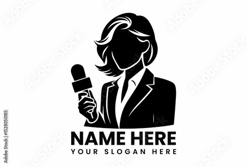 Modern black vector logo of female news reporter holding microphone for journalism and broadcasting concept  