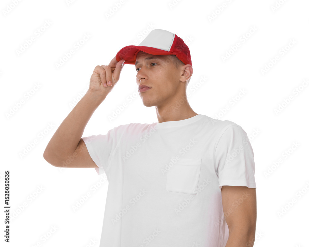 Young man wearing stylish baseball hat on white background Young man wearing stylish baseball hat on white background