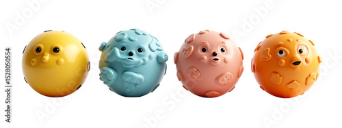 A row of four different colored balls with faces on them.