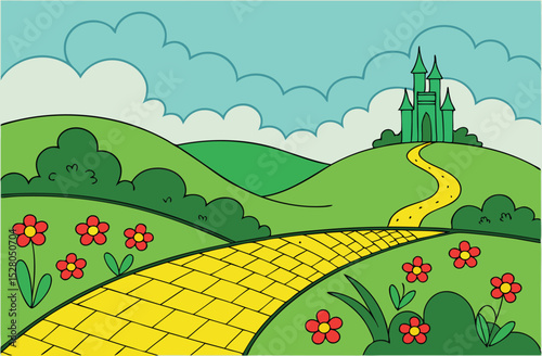 Fantasy Yellow Brick Road to Emerald Castle – Whimsical Landscape Illustration