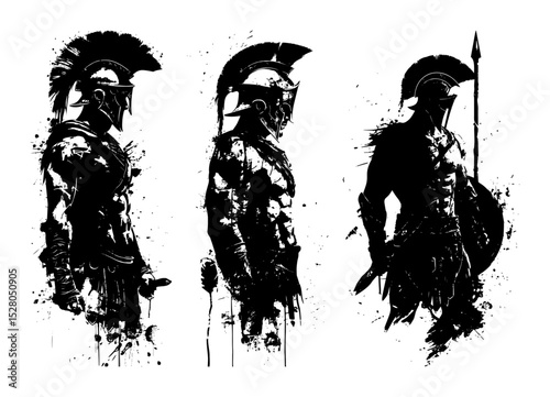 three spartan warriors in ink silhouette style
