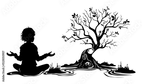meditating child under fantasy tree silhouette