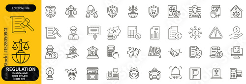 Regulation line editable icon set. Containing rules, authority, conduct, law, guideline, penalty, government, ethics, compliance, procedure, and more. Vector illustration