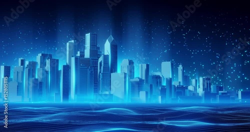 digital smart city background loop with futuristic buildings, glowing lines, floating binary code, and flowing data network waves, ideal for business presentations or technology concepts.