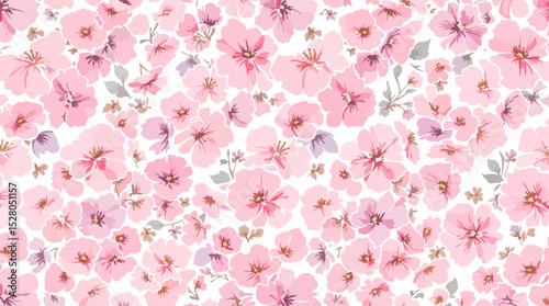 Pink watercolor flowers seamless pattern transparent background	