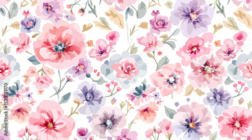 Colorful watercolor flowers seamless pattern transparent background
