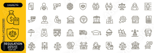 Regulation line editable icon set. Containing rules, authority, conduct, law, guideline, penalty, government, ethics, compliance, procedure, and more. Vector illustration