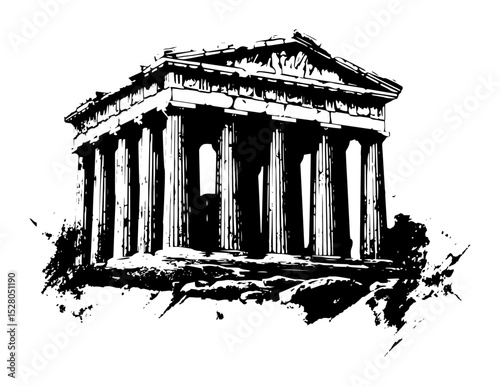 ancient greek temple ruins ink illustration