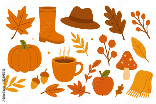 A charming collection of autumn icons evokes the warmth and beauty of the fall season in vibrant colors