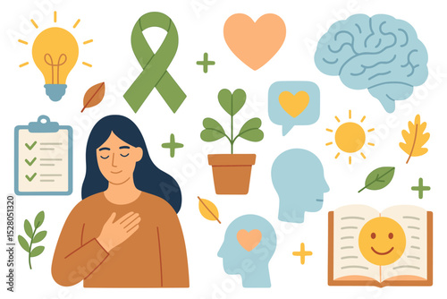 Mental wellness concept with icons representing brain health positivity self care and mindfulness growth