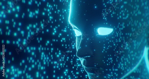 Abstract AI concept background. Wireframe human head with glowing eyes surrounded by digital data points, representing artificial intelligence and technology.