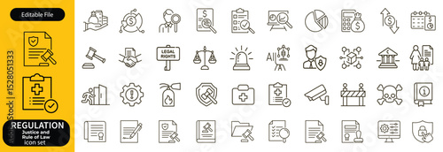 Regulation line editable icon set. Containing rules, authority, conduct, law, guideline, penalty, government, ethics, compliance, procedure, and more. Vector illustration