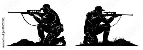 soldiers aiming sniper rifles silhouette set