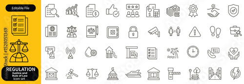 Regulation line editable icon set. Containing rules, authority, conduct, law, guideline, penalty, government, ethics, compliance, procedure, and more. Vector illustration