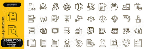 Regulation line editable icon set. Containing rules, authority, conduct, law, guideline, penalty, government, ethics, compliance, procedure, and more. Vector illustration