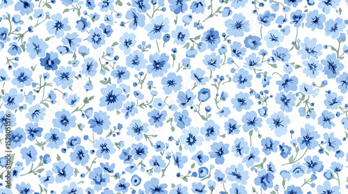 Hand drawn seamless pattern with watercolor flower flowers. Elegant romantic background with blue flower and leaves on a white background	