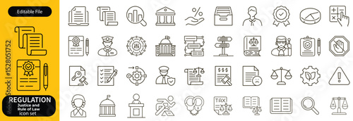 Regulation line editable icon set. Containing rules, authority, conduct, law, guideline, penalty, government, ethics, compliance, procedure, and more. Vector illustration