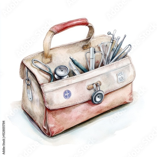 Open vintage doctor's bag filled with medical instruments. Watercolor illustration of a satchel filled with tools, stethoscope, pens, and various surgical instruments