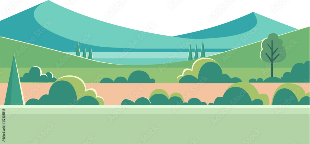 Fototapeta premium Flat Vector Landscape with Mountains and Green Rolling Hills