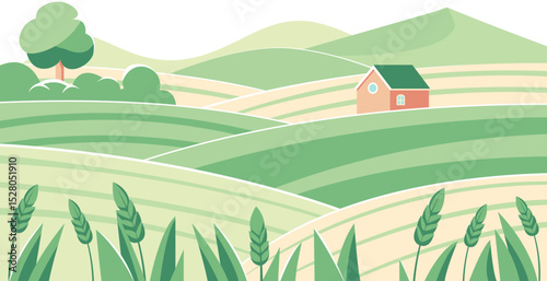 Flat Vector Landscape of Wheat Farm Field and Countryside